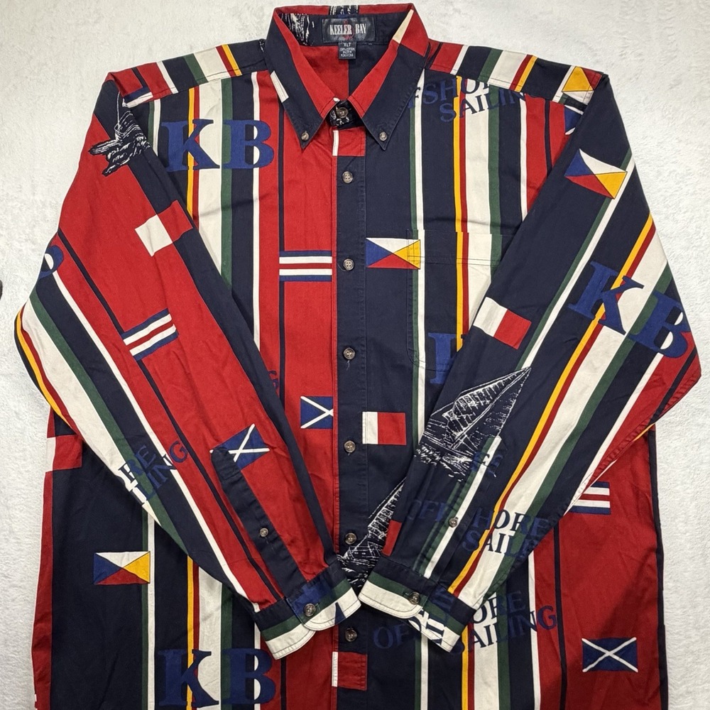 VINTAGE Keeler Bay Button Down Shirt XLT Red Striped Long Sleeve Graphic Mens